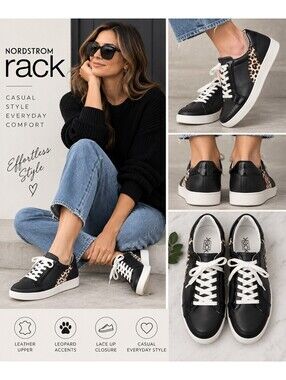 Nordstrom Rack Vernon Leather Sneakers 7.5 Black Leopard Hair On Low Top